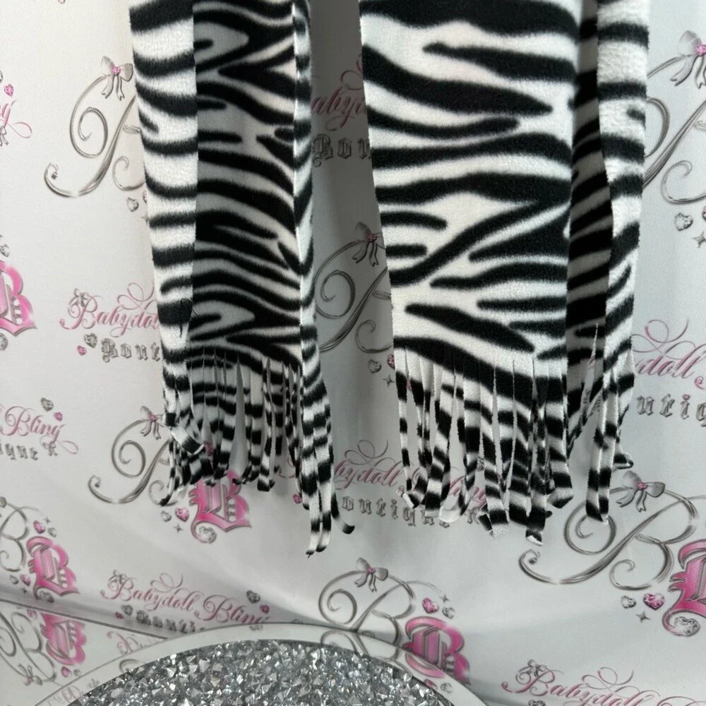 Scarf Zebra fleece soft tassles Y2K Print Black and White Scarf
